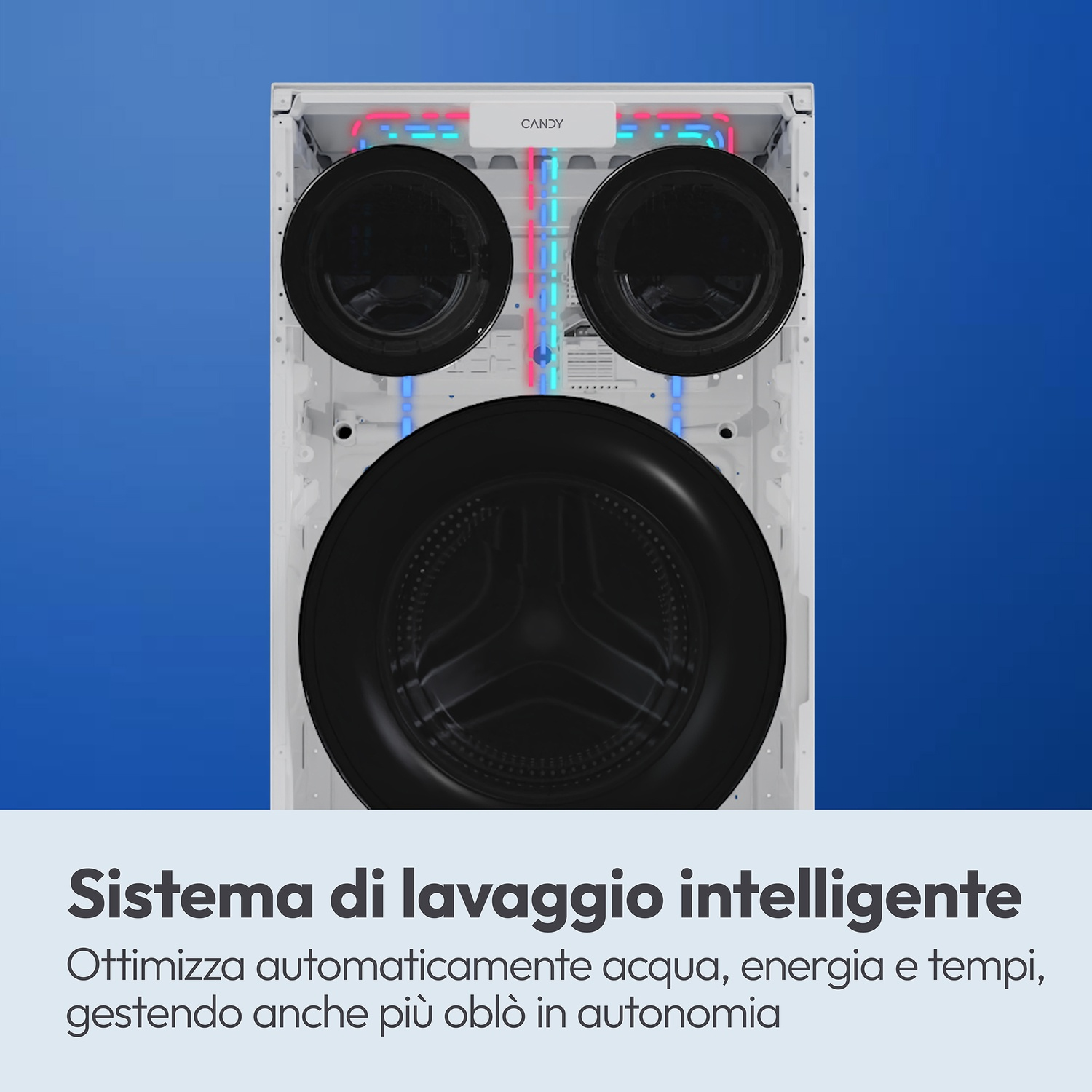 Vista interna di una lavatrice Candy con circuiti e oblò visibili.