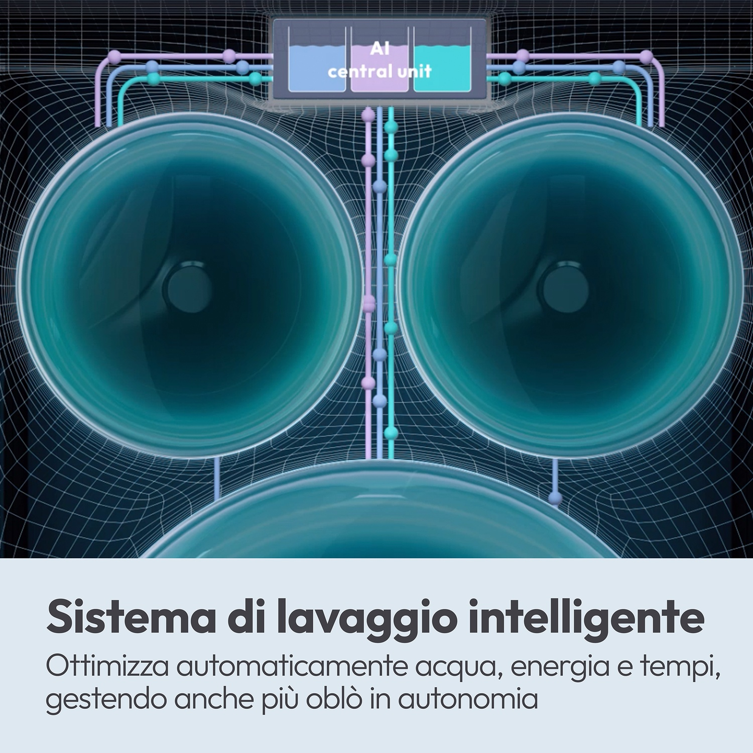 Unità centrale AI collega tre grandi serbatoi con tubi blu e rosa.