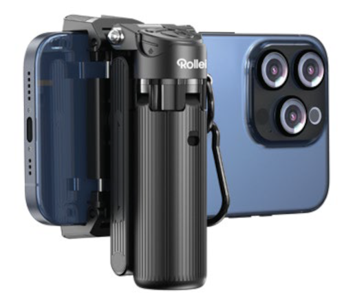 Impugnatura Rollei nera attaccata a un iPhone blu.