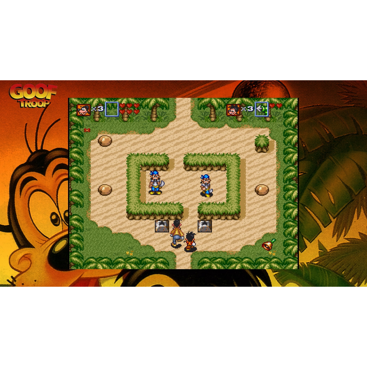 Goof Troop video game scene with characters, palm trees, sand, and green bushes.