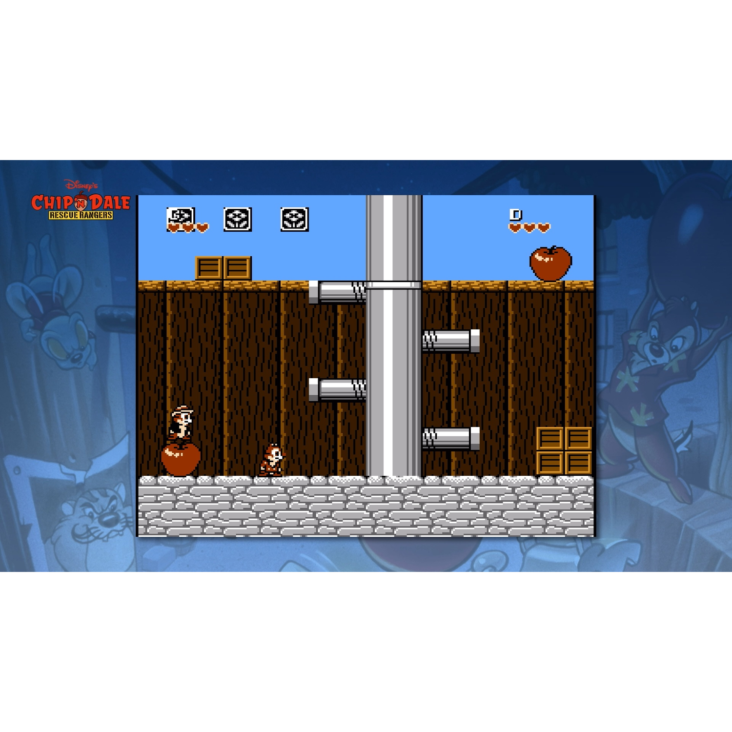 Chip and Dale in a video game style on a wooden floor with apples and crates.