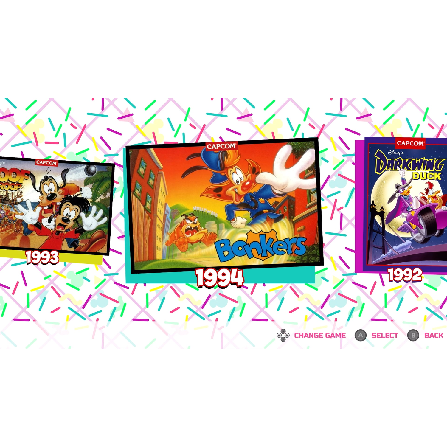 Three Capcom video game covers: Goof Troop (1993), Bonkers (1994), and Darkwing Duck (1992).