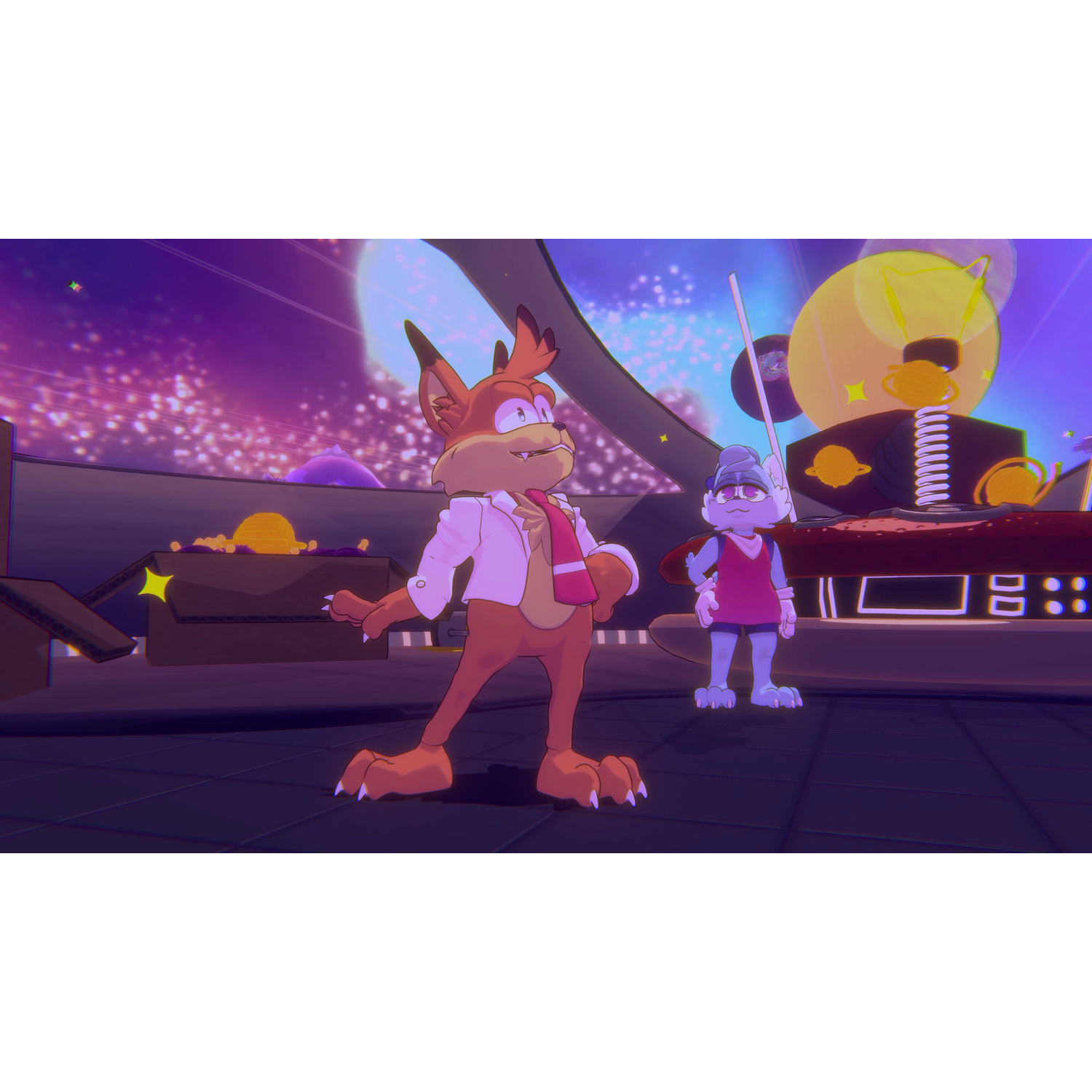A fox and a rabbit stand on a space platform, with stars and planets in the background.