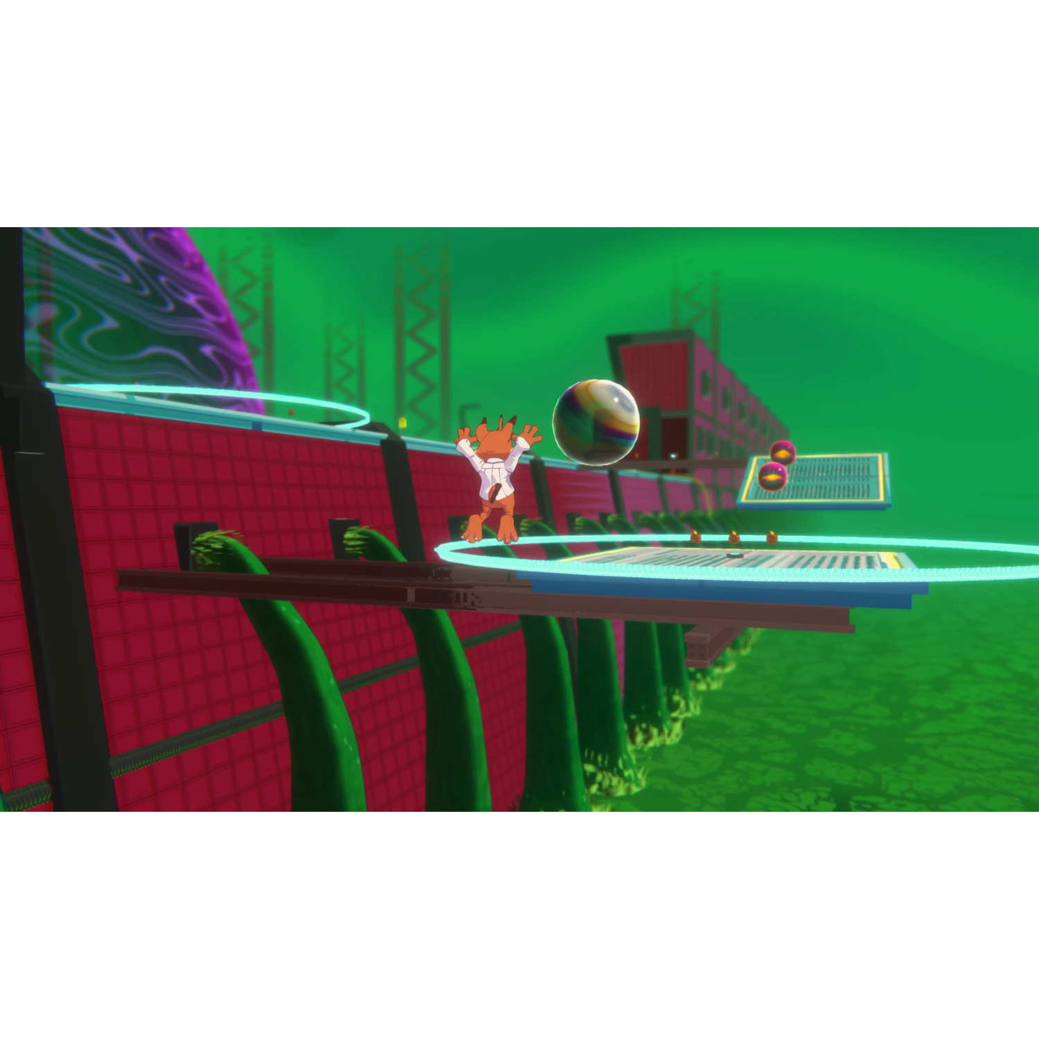 An orange character jumps and throws a colorful ball in a surreal world.