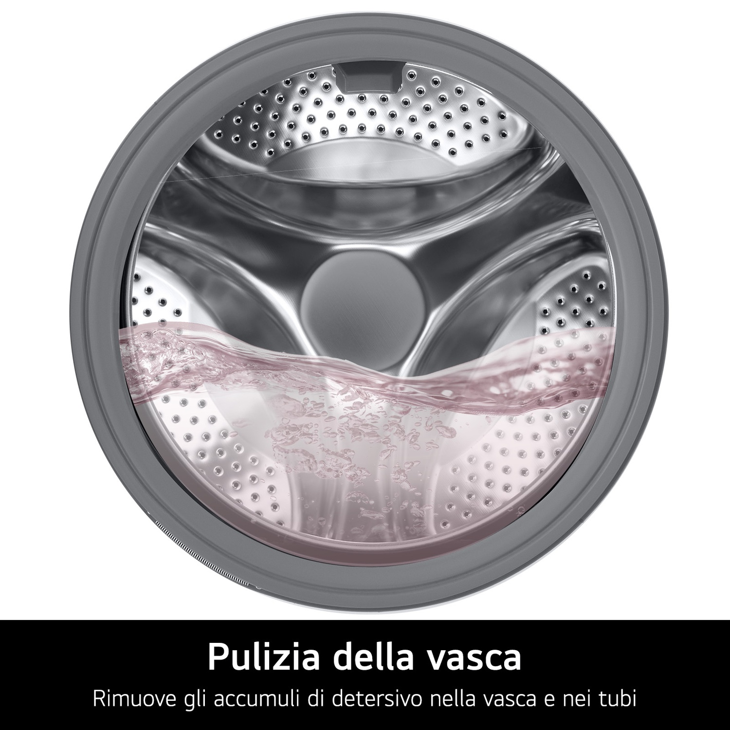 Cestello lavatrice in acciaio inox con acqua e bolle, mostra la pulizia della vasca.
