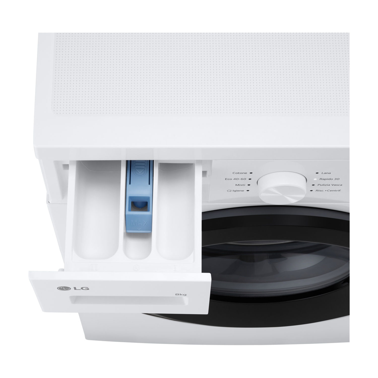 Lavatrice LG bianca con cassetto detersivo aperto e selettore programmi.
