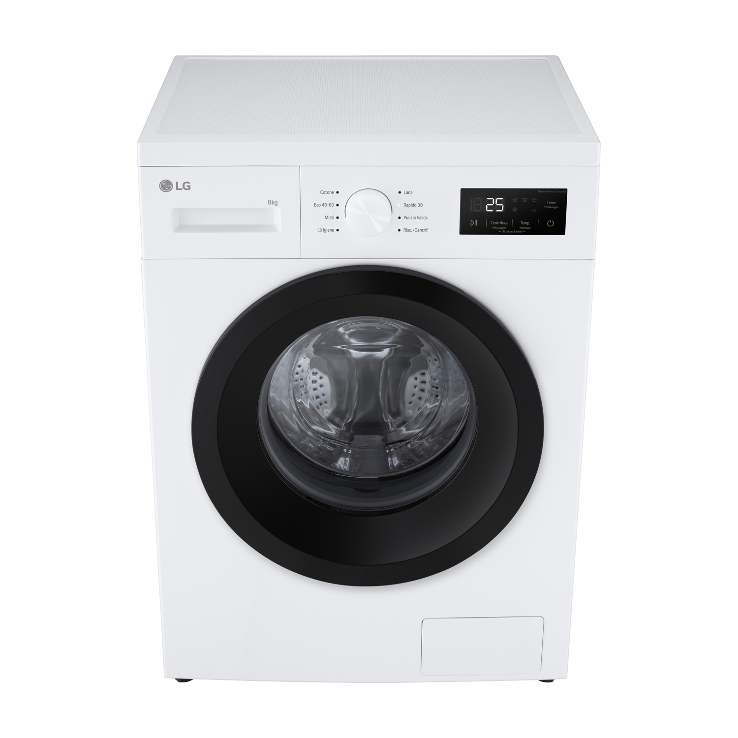 Lavatrice LG bianca con oblò nero e display digitale.