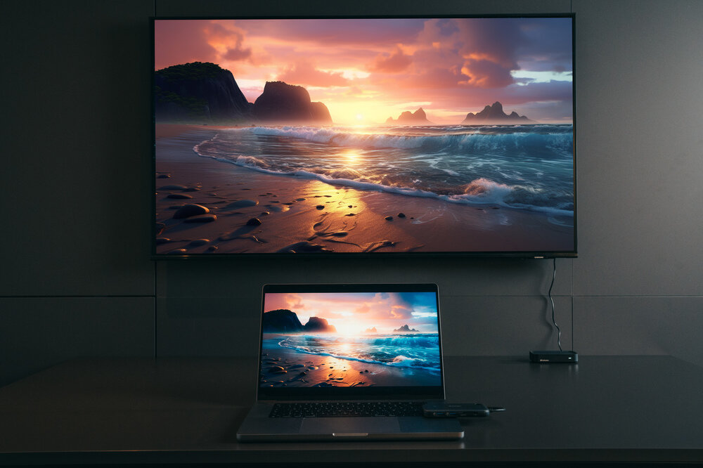 Laptop i duży telewizor pokazują scenę plaży o zachodzie słońca z falami.