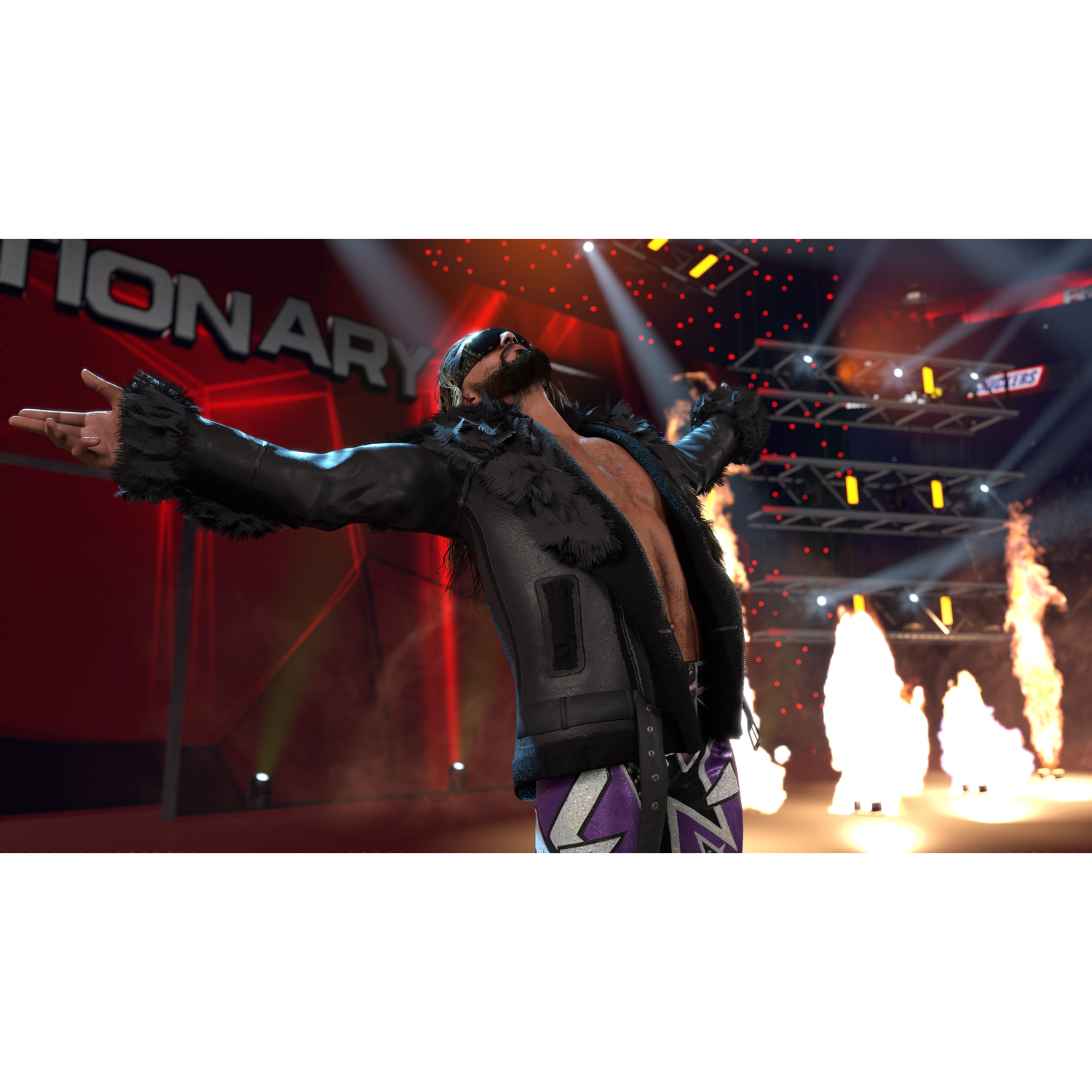 A wrestler in a black furry jacket and purple pants stands on a stage with flames.