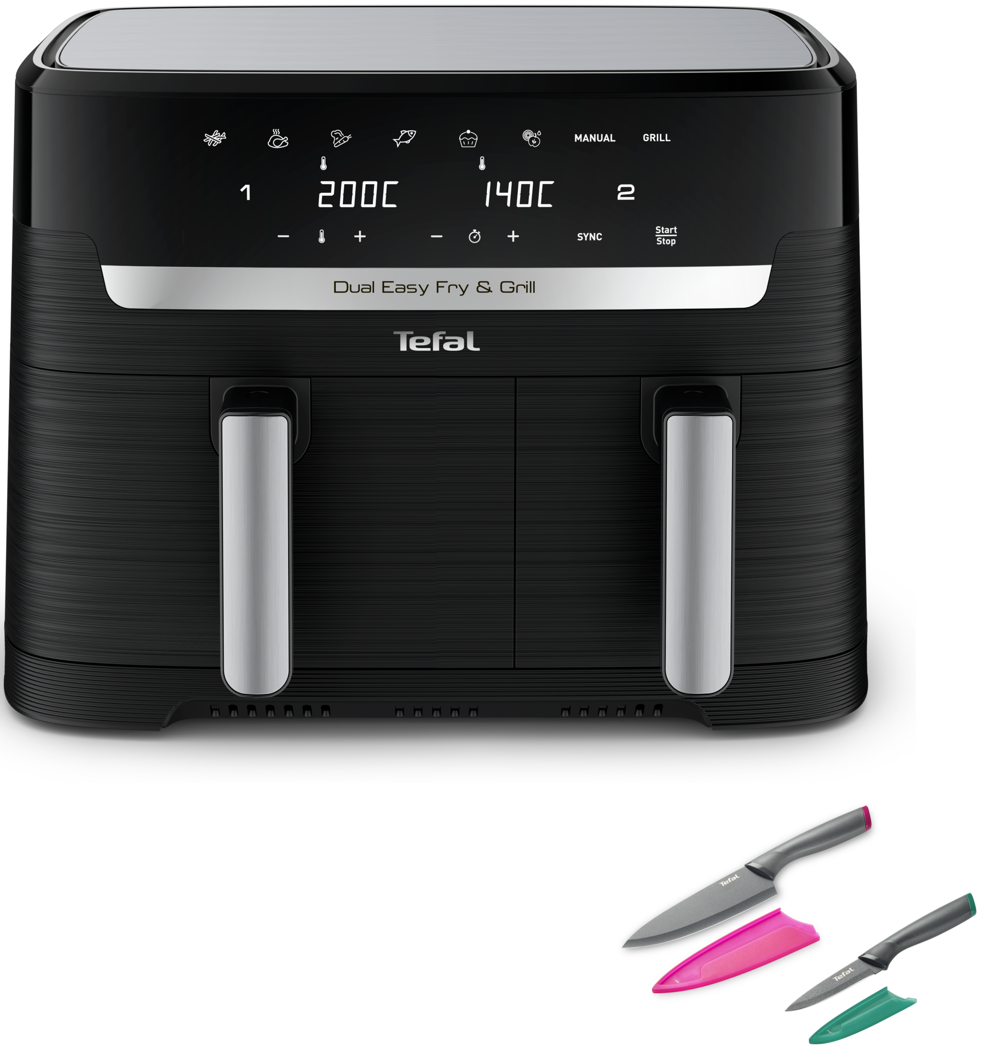 Schwarzer Tefal Heißluftfritteuse mit zwei Fächern und Messern.