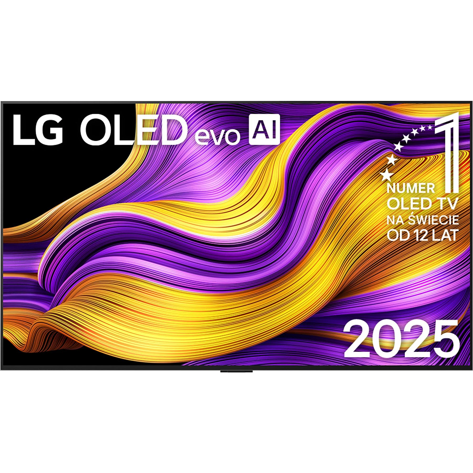 Telewizor LG OLED evo AI z fioletowo-żółtymi wirami. "Nr 1 TV OLED od 12 lat".