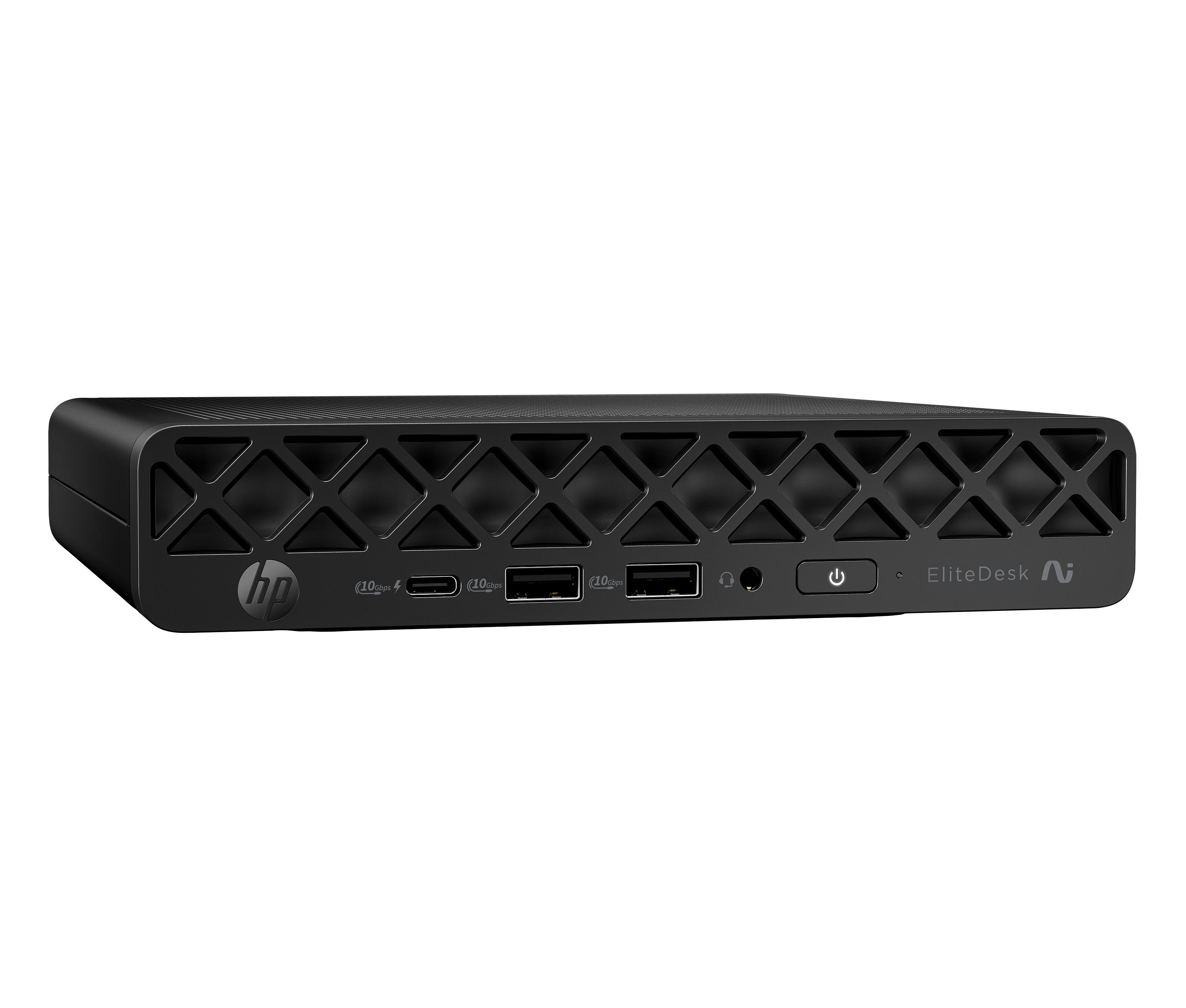 Ein schwarzer HP Elitedesk Mini-PC mit USB-, USB-C- und Audioanschlüssen.