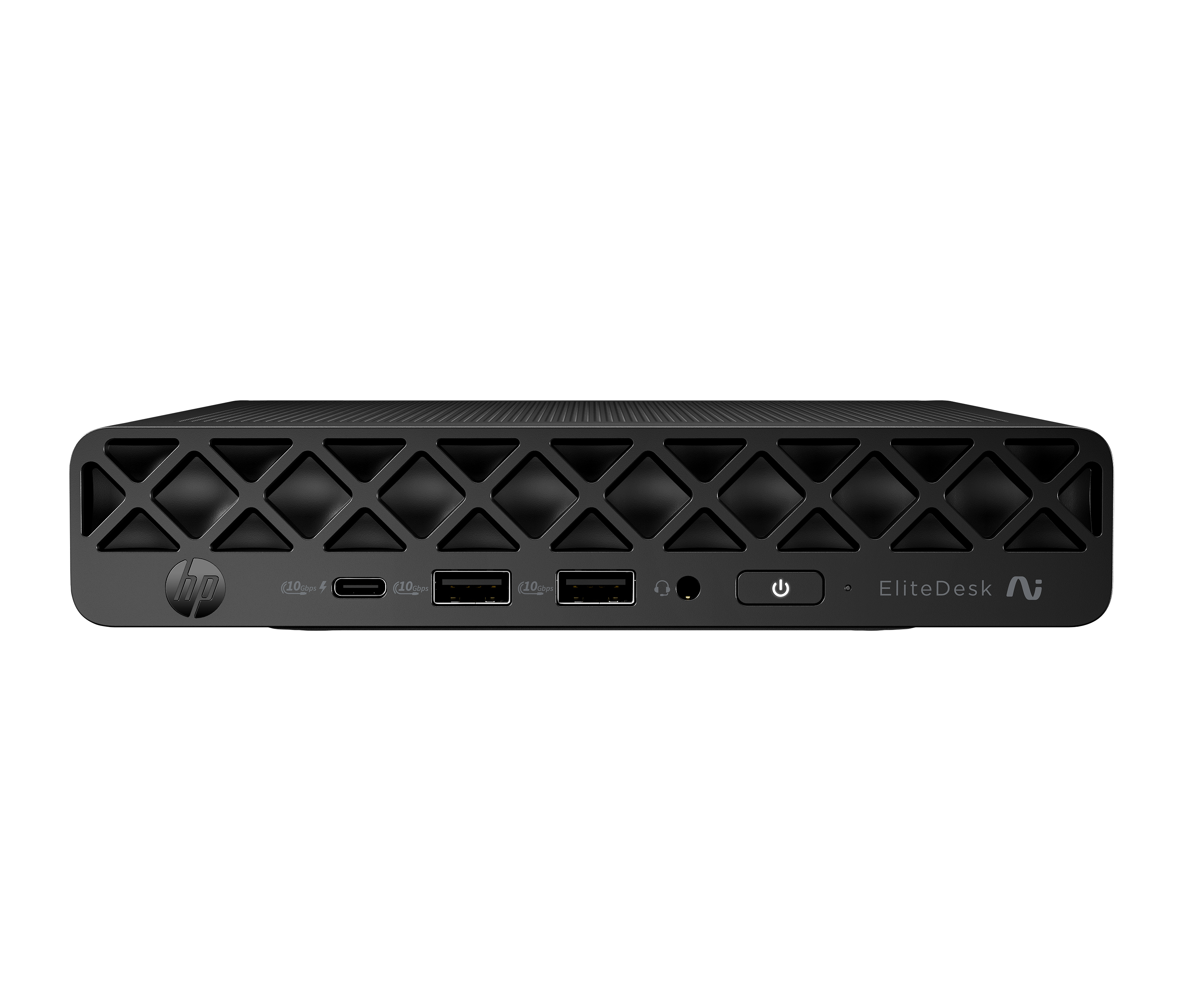 Schwarzer HP EliteDesk Mini-PC mit USB-C, USB-A, Kopfhöreranschluss und Netzschalter.