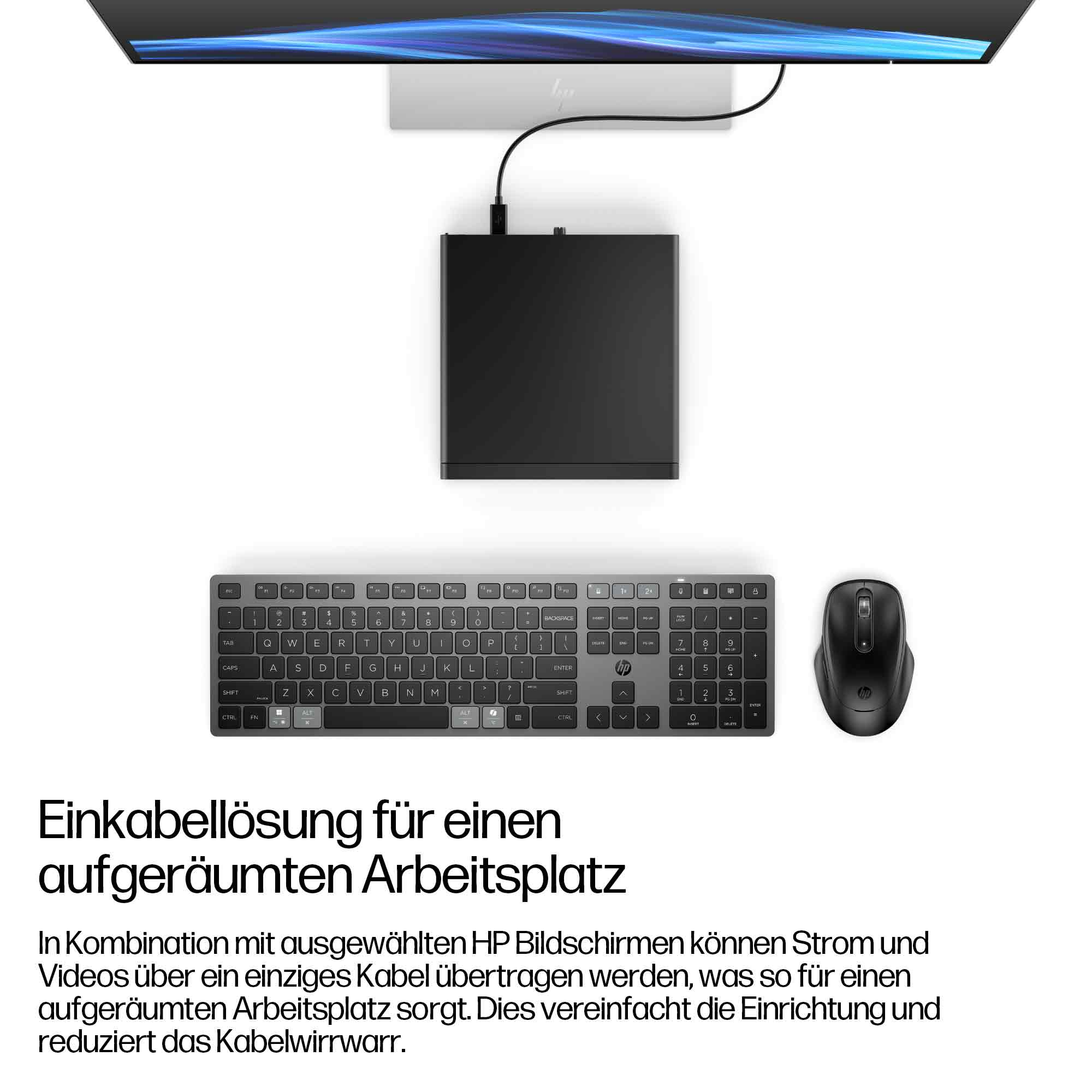 HP Monitor, Dockingstation, Tastatur und Maus für einen ordentlichen Arbeitsplatz.