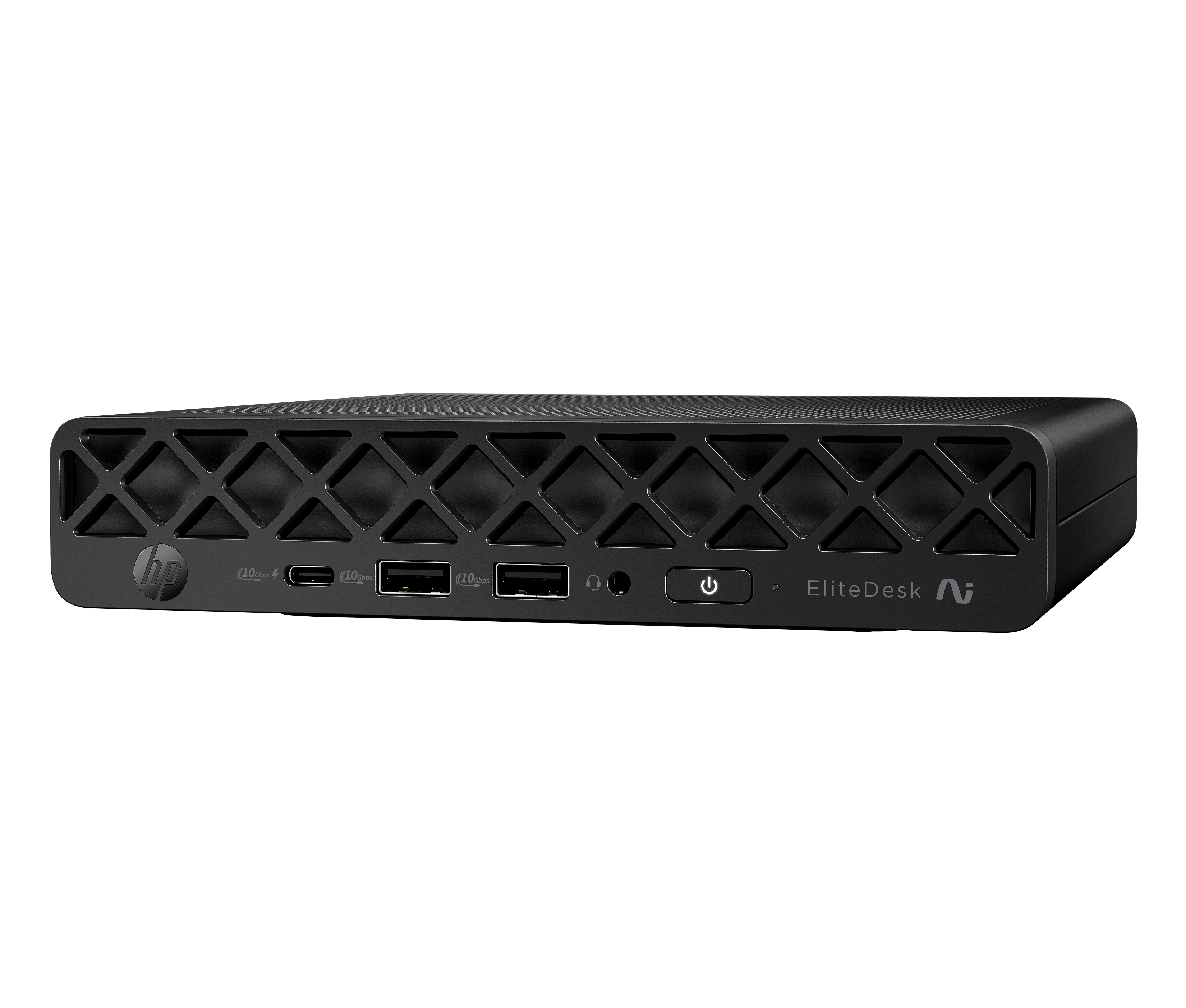 Schwarzer HP EliteDesk Mini-PC mit USB-C, USB-A, Kopfhörerbuchse und Netzschalter.