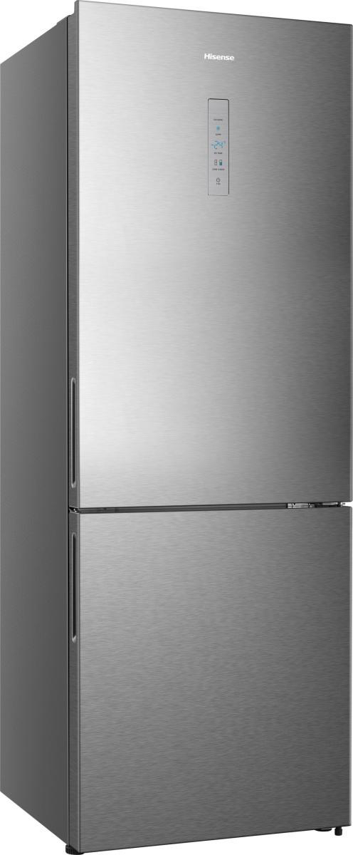 Ein silberner Hisense-Kühlschrank mit Gefrierfach oben und Touchscreen.