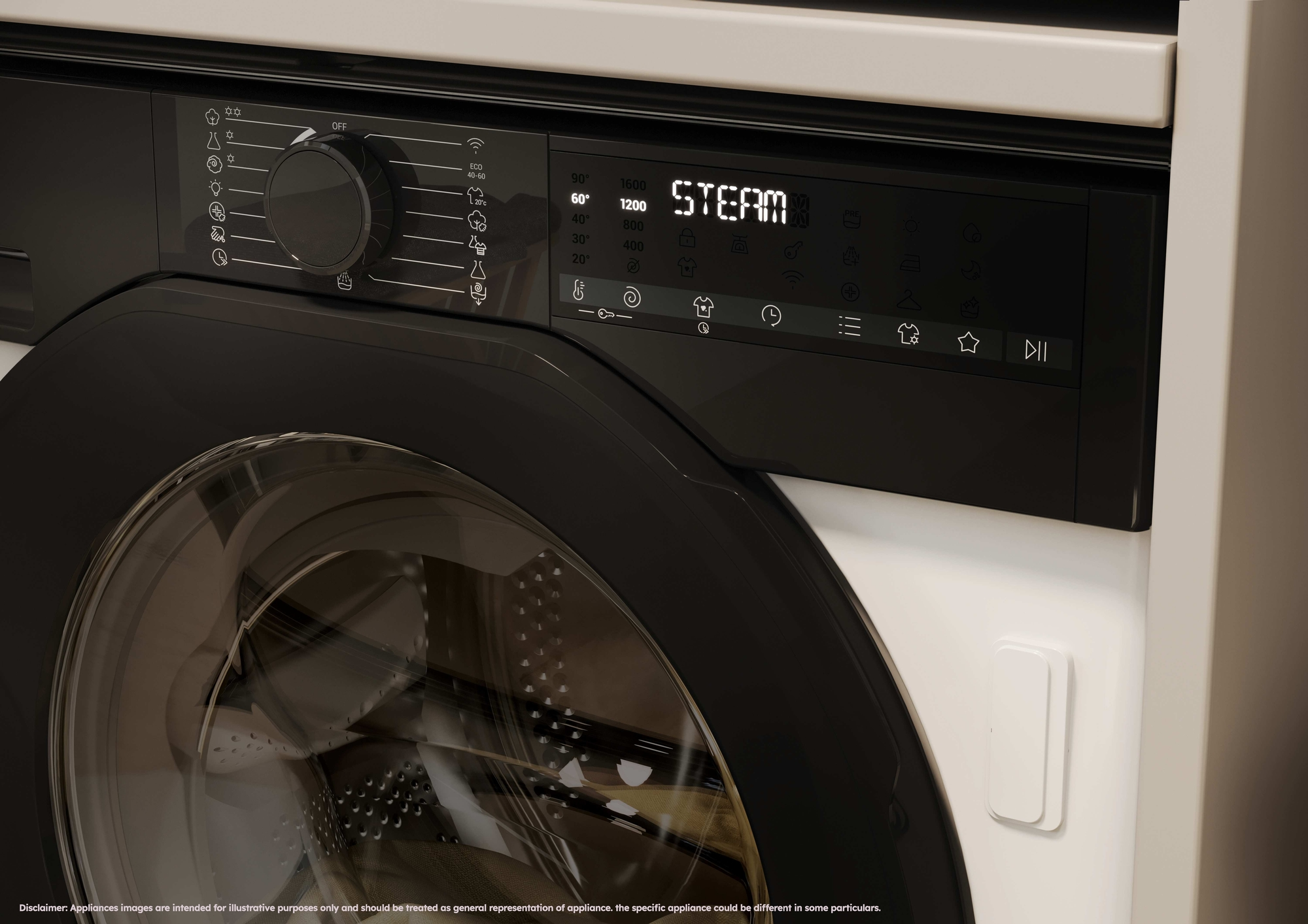 Primer plano de lavadora con puerta negra y panel de control. La pantalla muestra "STEAM".