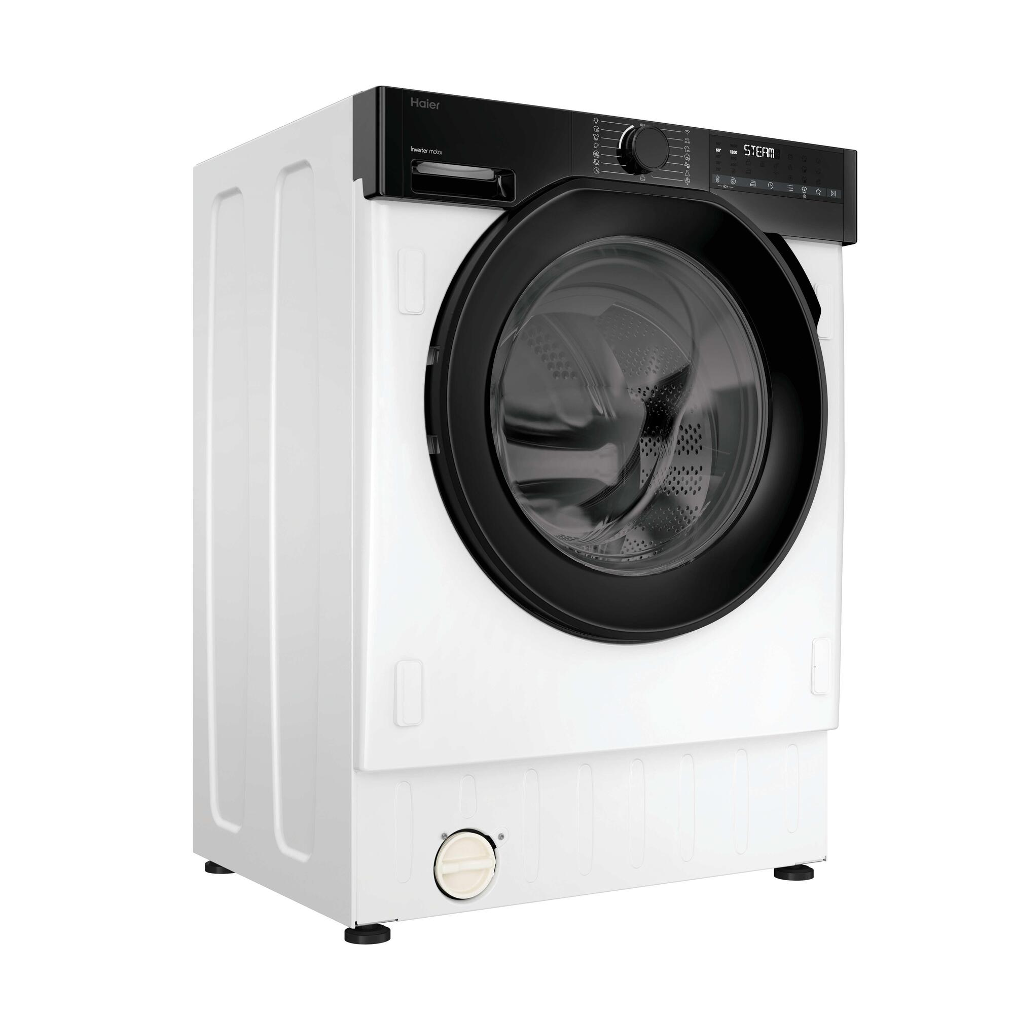 Una lavadora Haier blanca con puerta y panel de control negros.