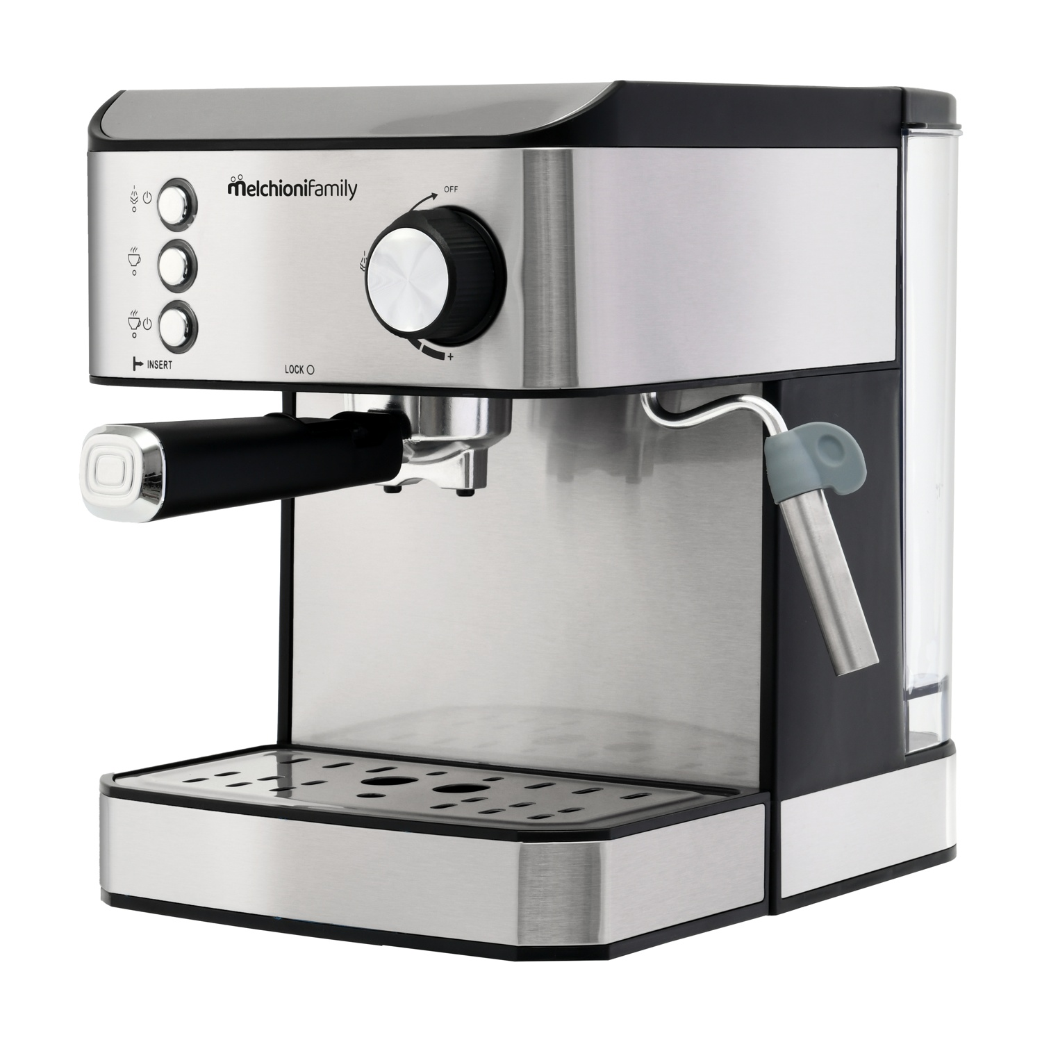 Macchina da caffè Semiautomatica MELCHIONI FAMILY ROBUSTA PLUS, Compatibile con Capsule Nespresso, Cialde E.S.E. e Caffè Macinato, 850 W, 20 bar, Serbatoio acqua 1.6 L, Silver