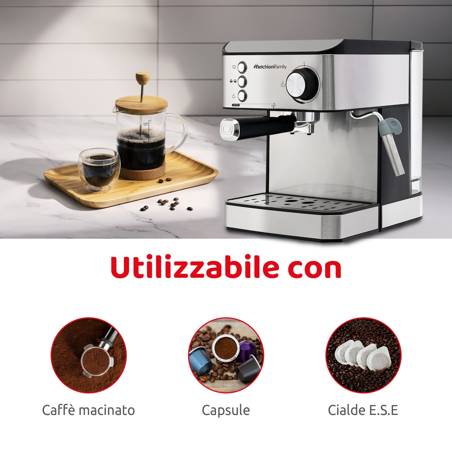 Macchina per espresso con french press, espresso, caffè macinato, capsule, cialde.