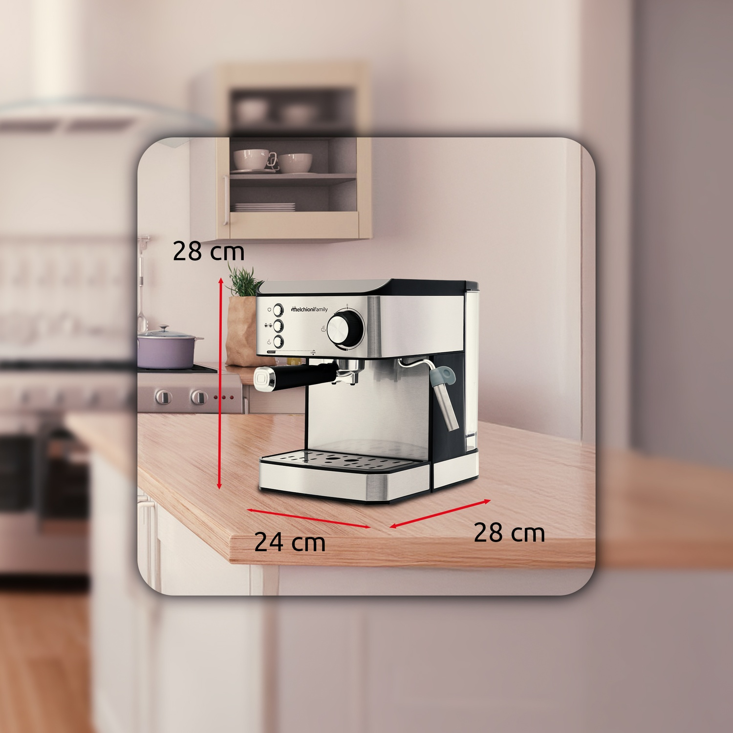 Una macchina per espresso argentata su un bancone di legno. Vengono mostrate le dimensioni.