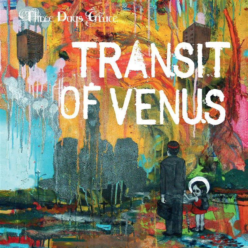 Abstrakte Kunst mit Stadtbildern, Figuren und dem Titel 'Transit of Venus'.