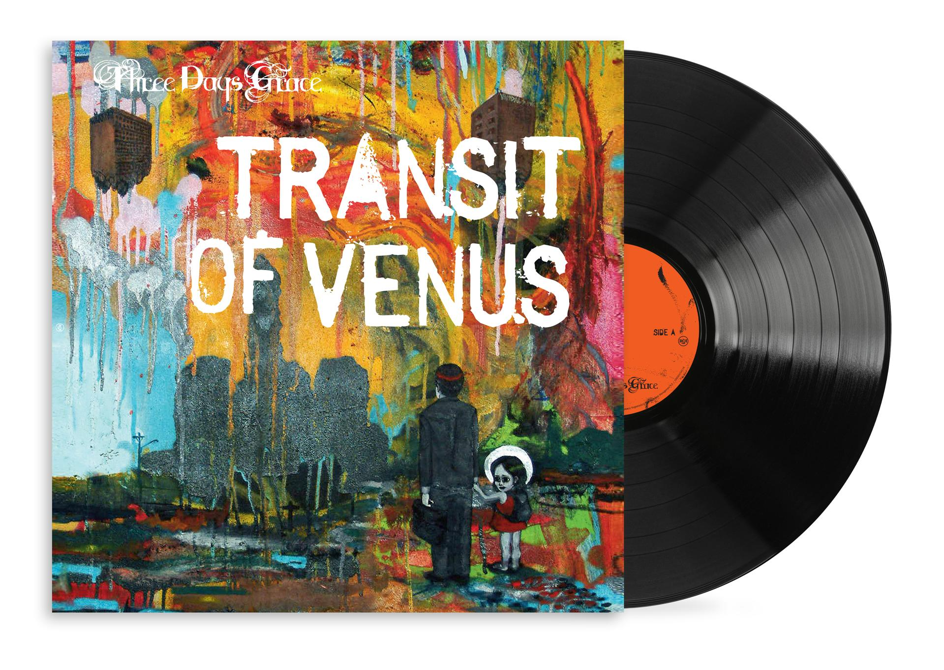 Albumcover mit "Transit of Venus" und einer Figur, daneben eine Schallplatte.