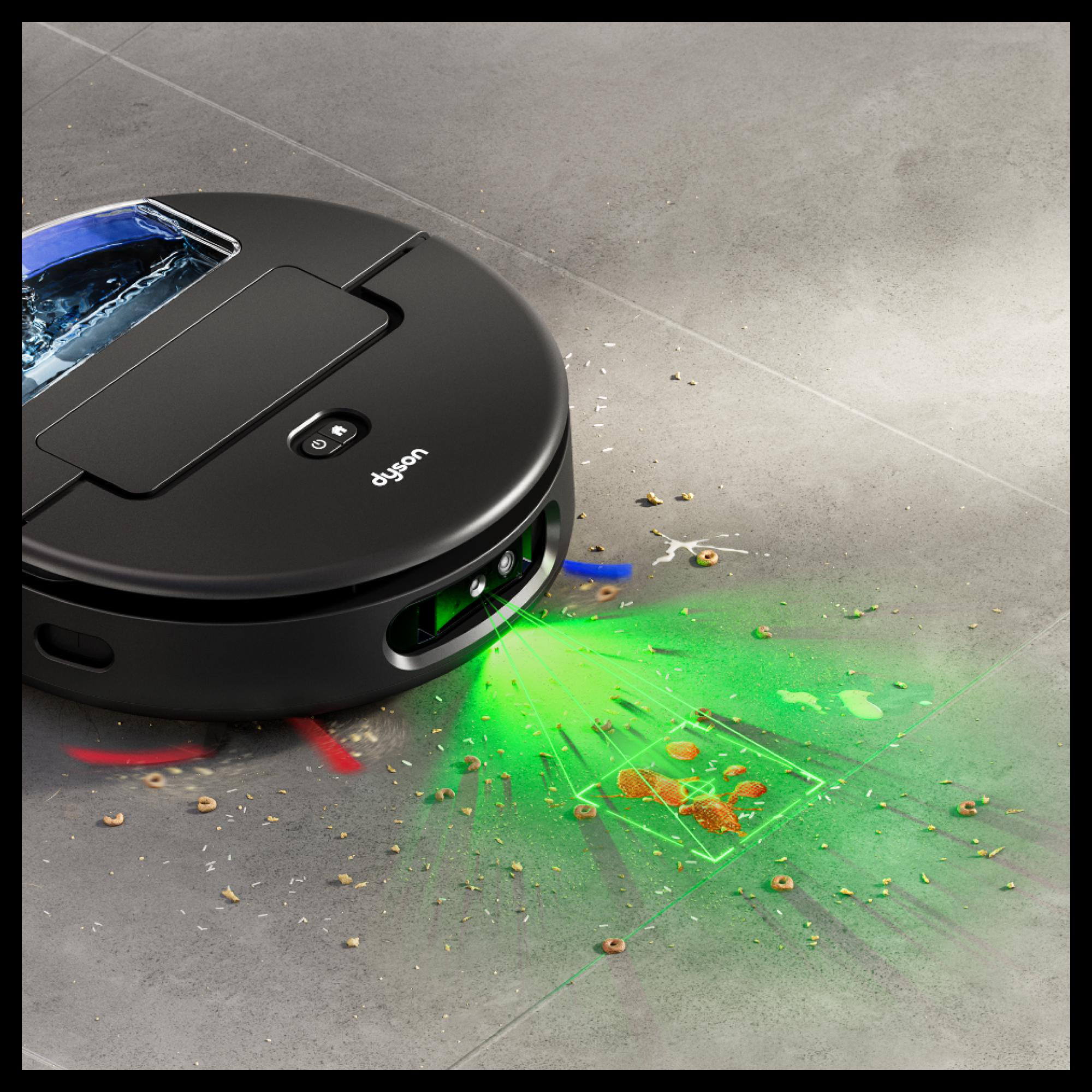 Ein schwarzer Saugroboter mit grünen Lasern, die auf verschüttetes Essen zeigen.