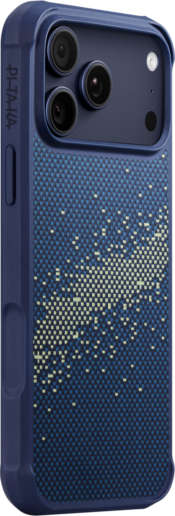 Sötétkék telefontok karbon mintával és pixel designnal.