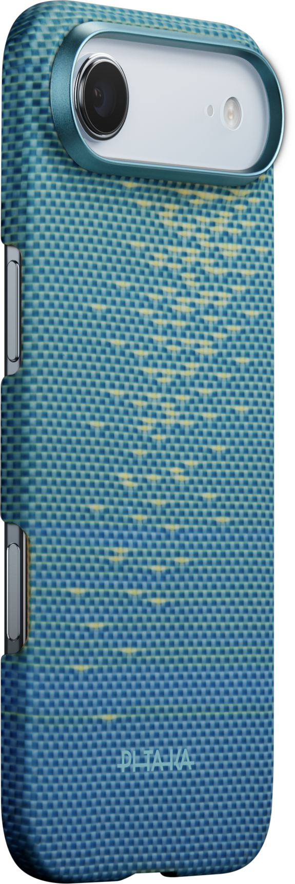 Kék telefon sárga díszítéssel és két kamerával.