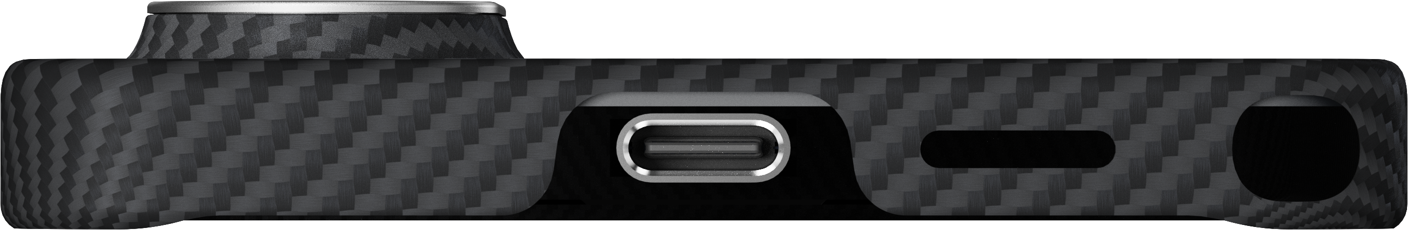 Fekete szénszálas tok USB-C porttal és kerek lyukkal.