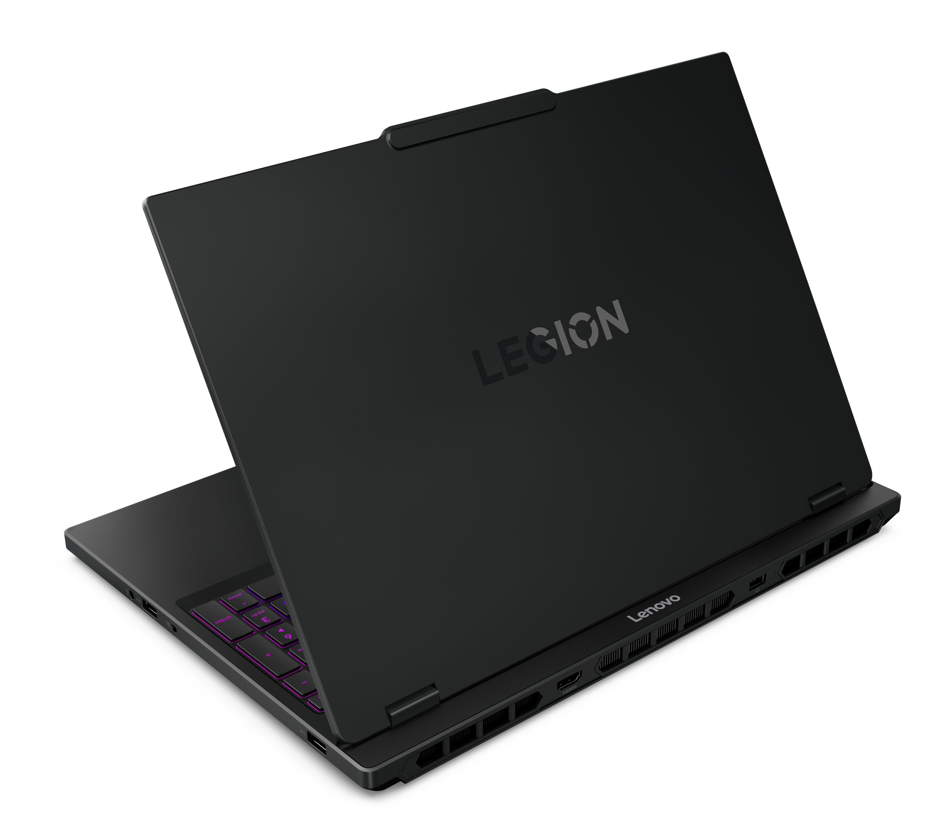 Czarny laptop Lenovo Legion z fioletową klawiaturą. Widoczne porty boczne.