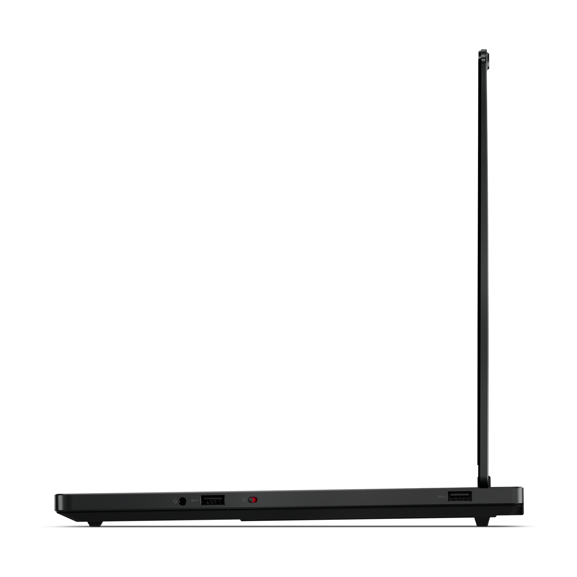 Czarny laptop, widziany z boku, z otwartym ekranem.