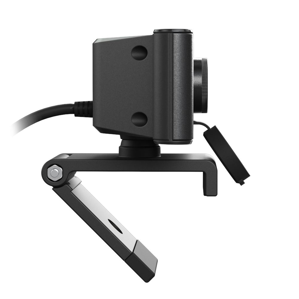 Czarna kamera internetowa ze składanym statywem, białe tło.
