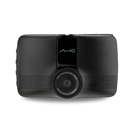 Fekete Mio autós kamera „HIGH-DEFINITION VIDEO” és „WIDE ANGLE CAMERA” felirattal.