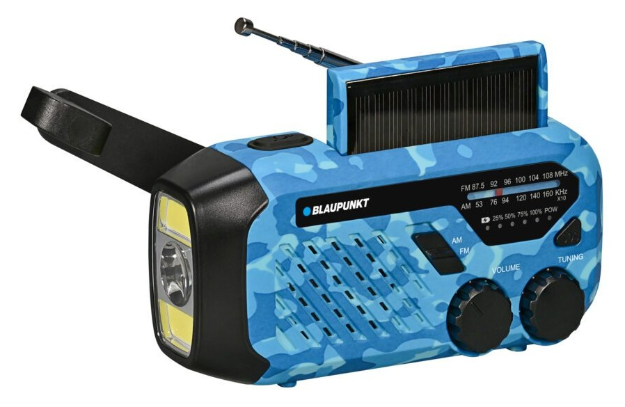 Niebieskie radio Blaupunkt w kamuflażu z panelem słonecznym, korbą i latarką.