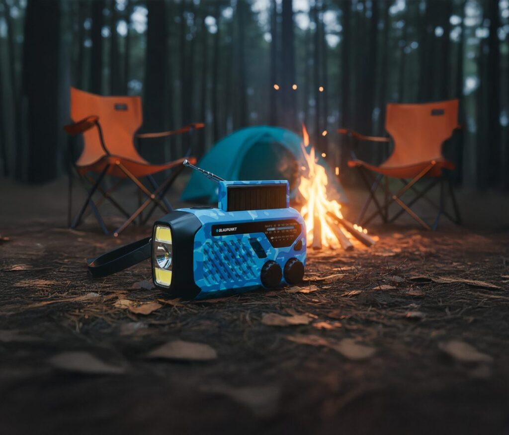 Niebieskie radio na korbkę z panelem słonecznym i lampą stoi w lesie obok ogniska.