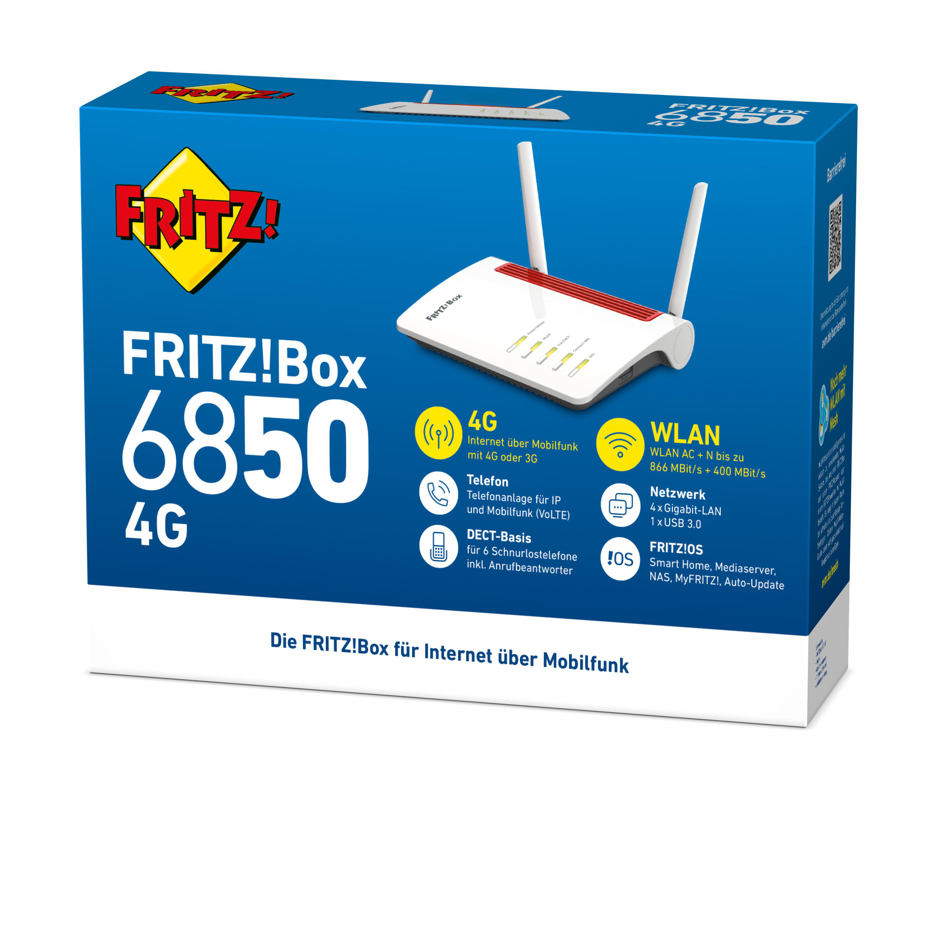 FRITZ!Box 6850 4G Router mit Antennen, auf blauem Karton mit Produktinformationen.