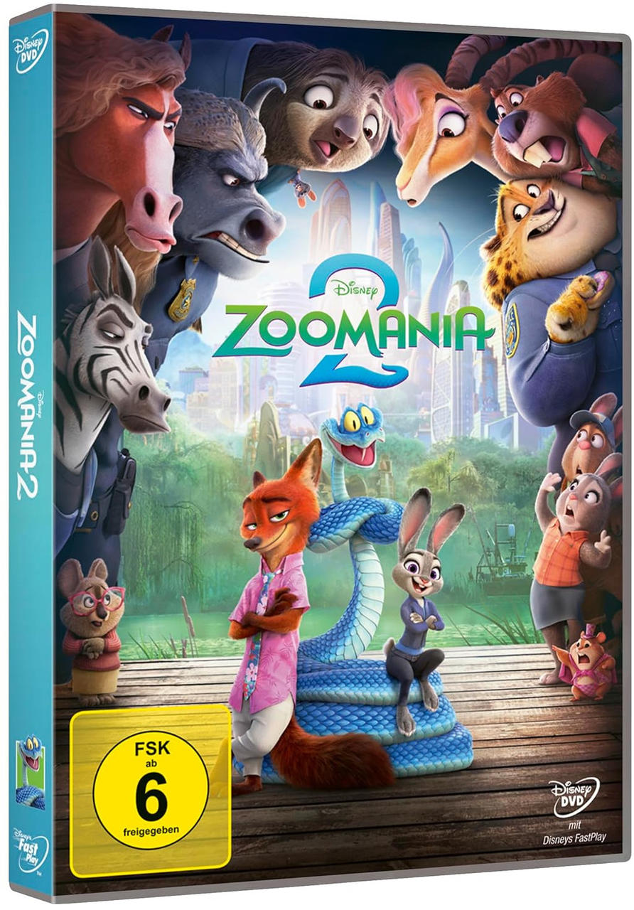 DVD-Cover von Zoomania 2 mit vielen anthropomorphen Tieren und dem Filmtitel.