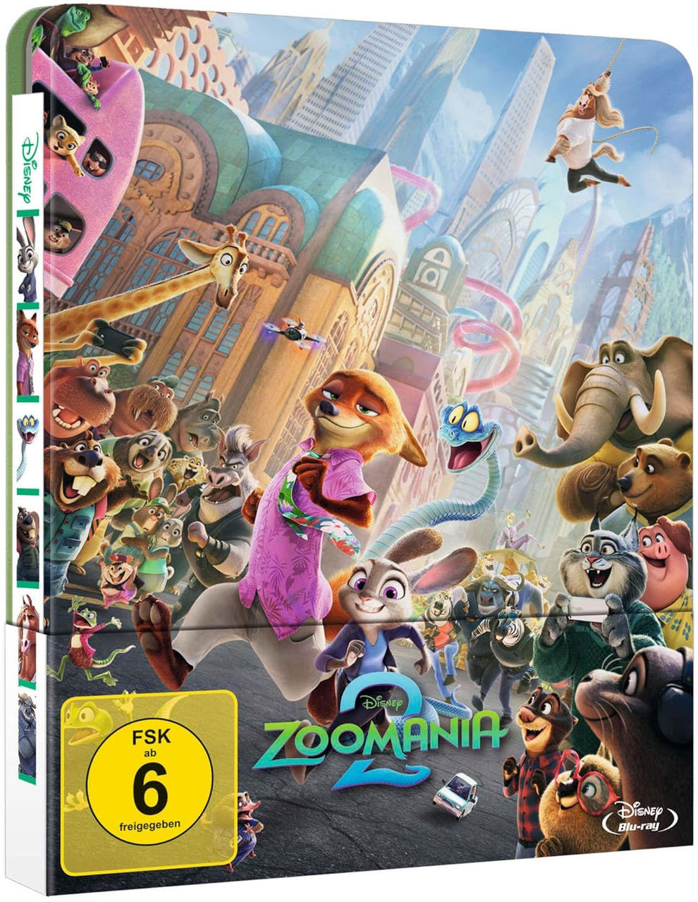 Zoomania 2 Blu-ray Cover mit vielen tierischen Charakteren und Stadtkulisse.
