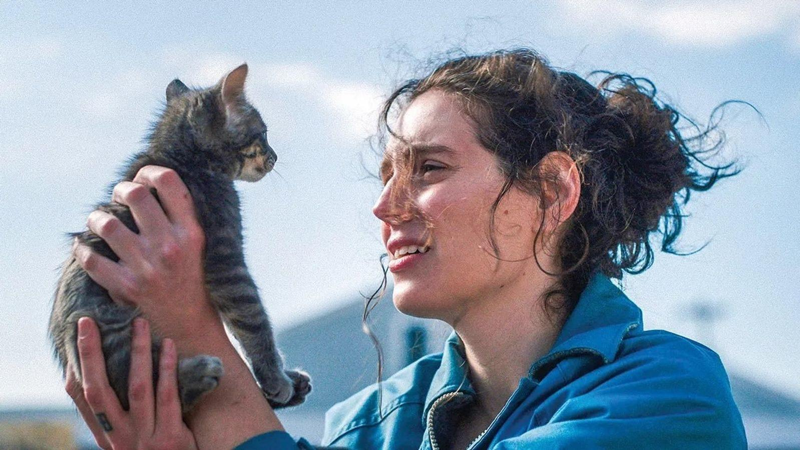 Eine Frau hält eine getigerte Katze im Arm vor blauem Himmel.