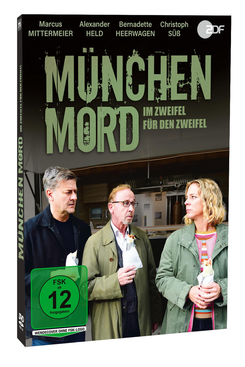 Drei Personen, zwei Männer und eine Frau, essen Imbiss. "München Mord" DVD Cover.
