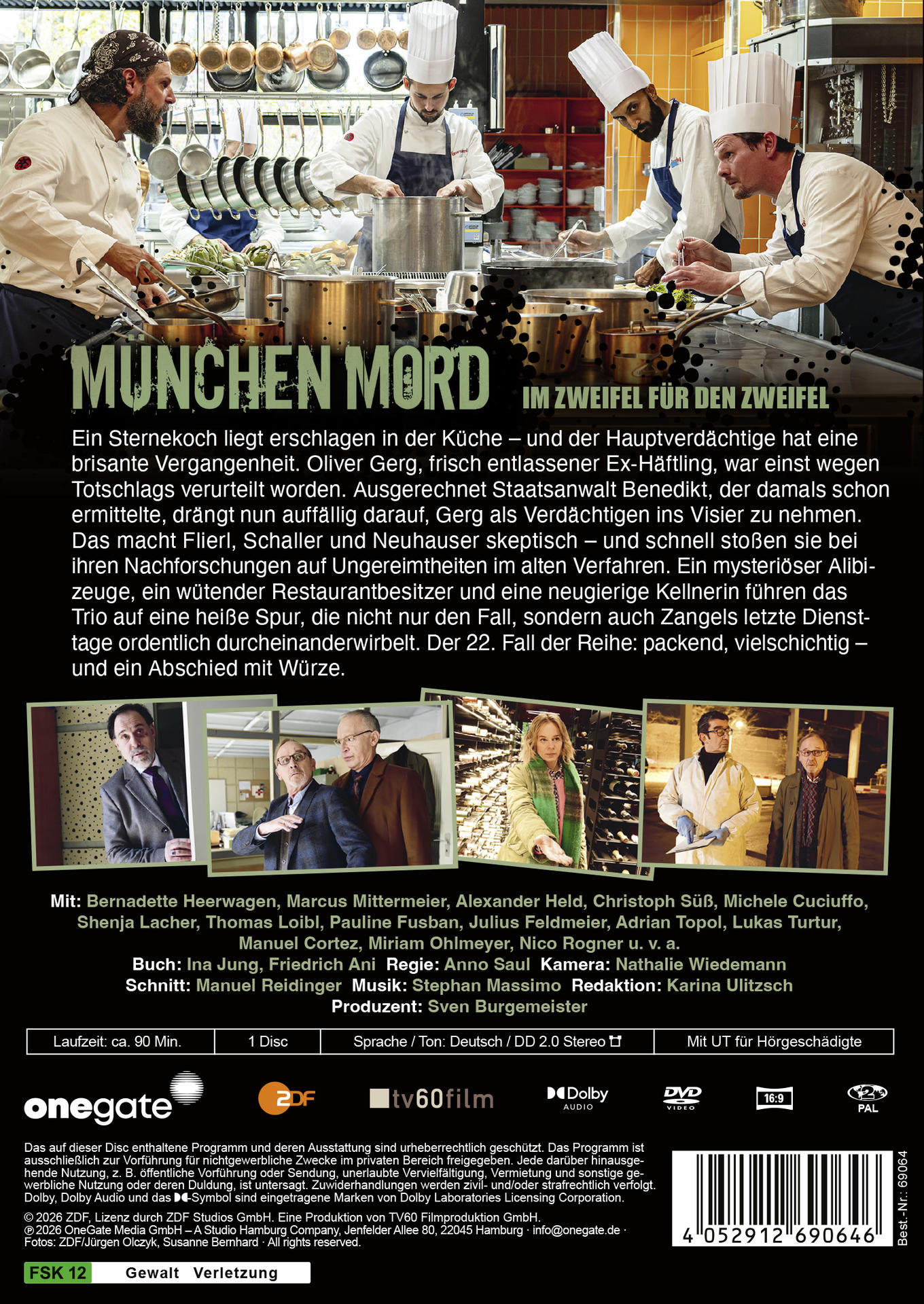 Kochszene mit Köchen in Uniformen und Töpfen, Filmplakat mit Titel München Mord.