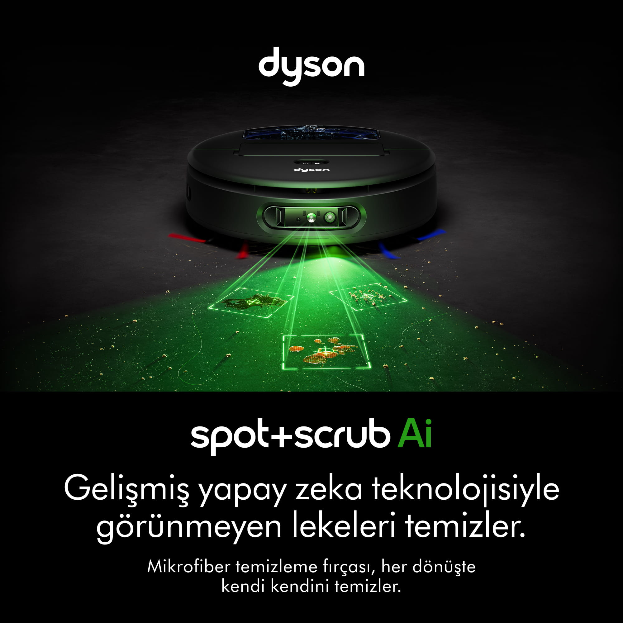 Dyson robot süpürge, zemindeki lekeleri algılayan yeşil lazerlere sahip.
