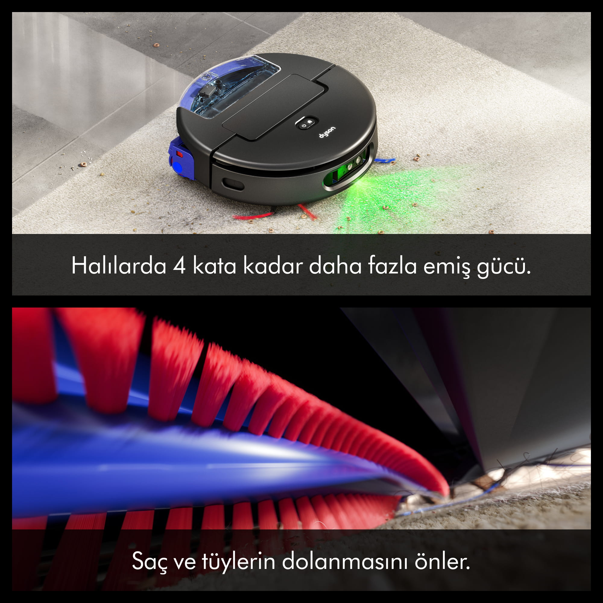 Robot süpürge halı temizler, yeşil ışıklar yanar.