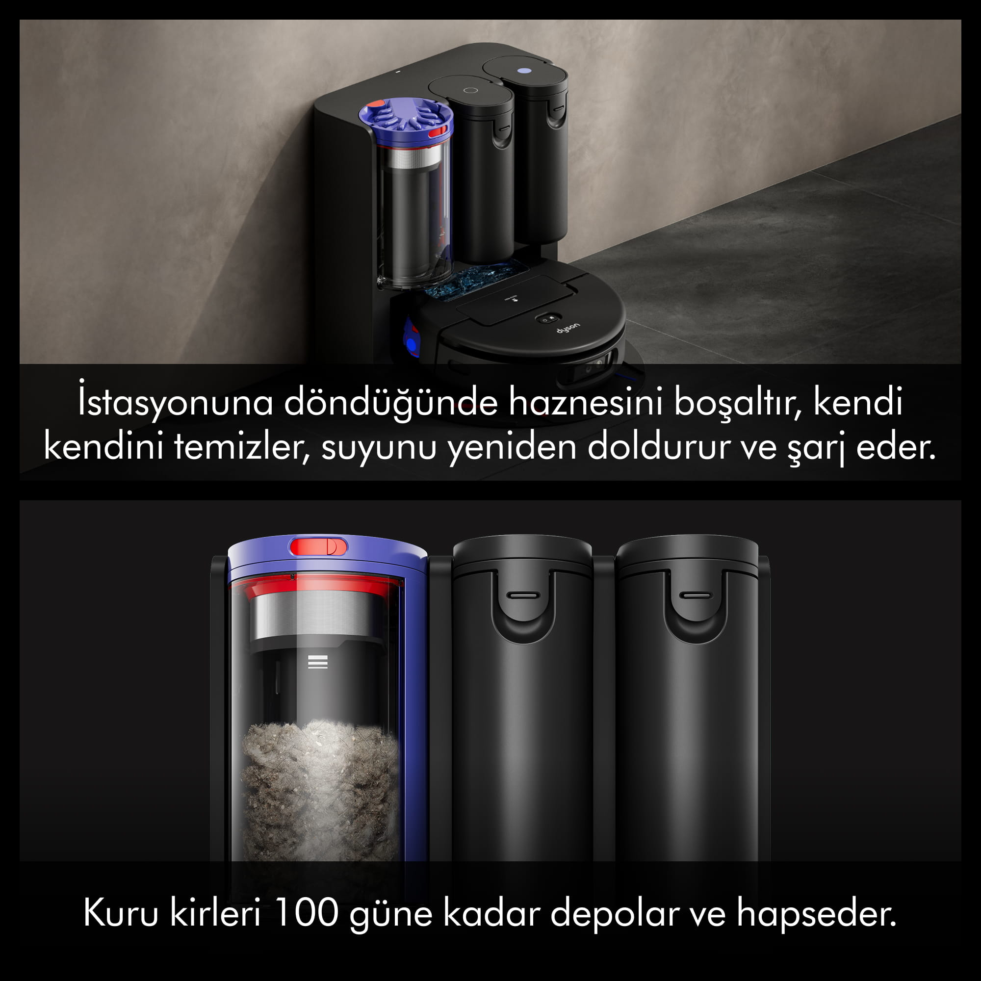 İstasyonlu siyah robot süpürge. Bir hazne pislikle dolu.