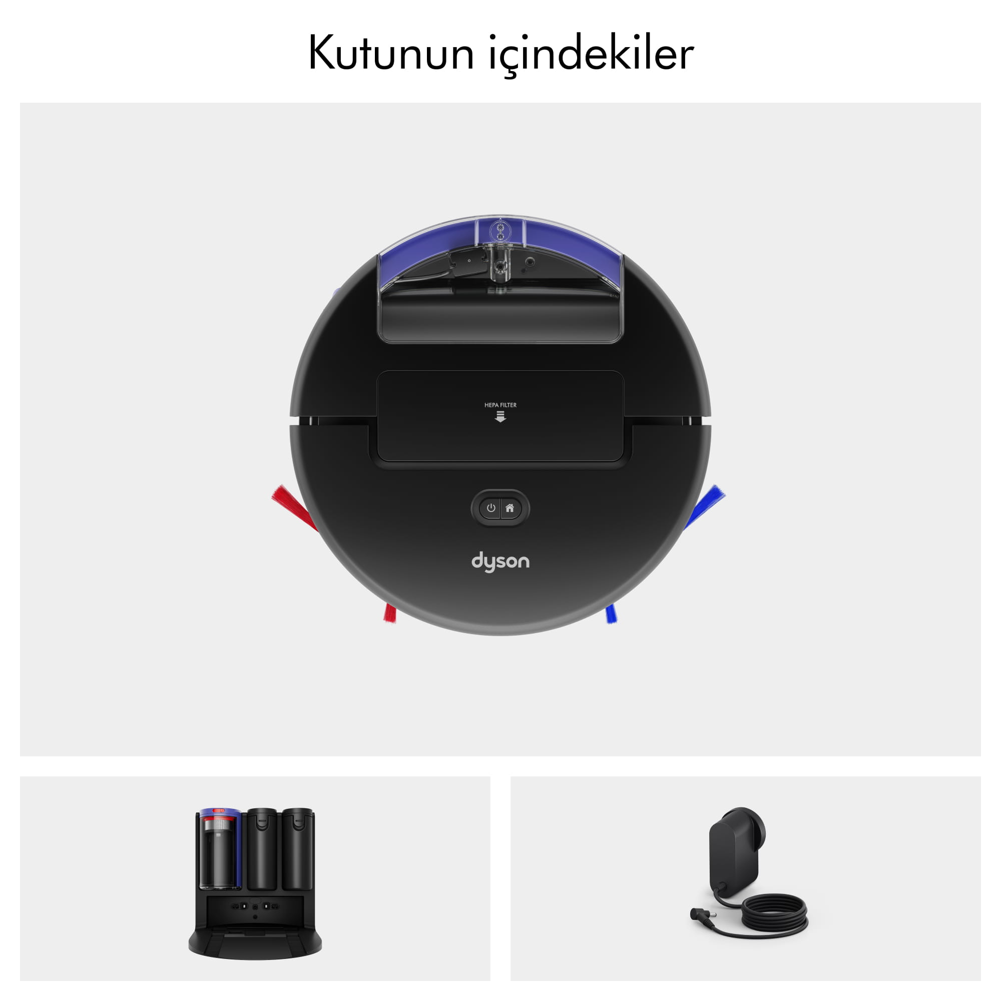 Mavi ve kırmızı fırçalı, HEPA filtreli, Dyson logolu siyah robot süpürge.