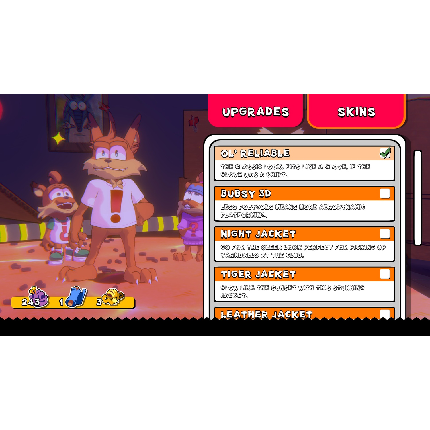 Cartoonpersonages in een spelmenu met upgrade-opties zoals 'Ol' Reliable', 'Bubsy 3D'.
