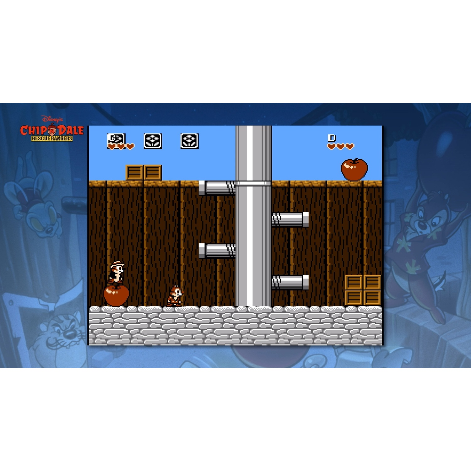 Chip en Dale spel: Chip en Dale rennen op een stenen platform, met appels en kisten.