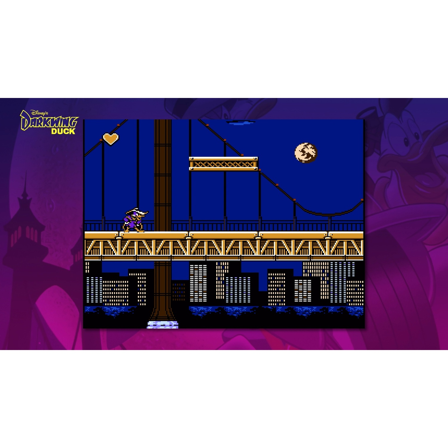 Darkwing Duck springt op een brug in de nachtelijke hemel met maan.